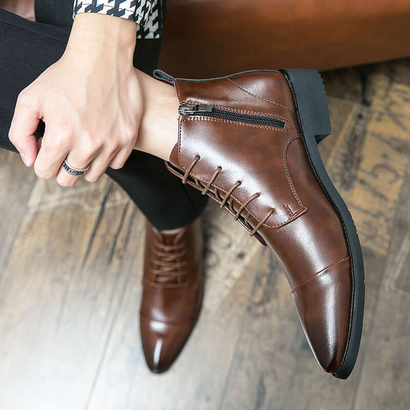 Large size fashionable youth lace up high top Martin British style men's pointed zippered formal leather boots