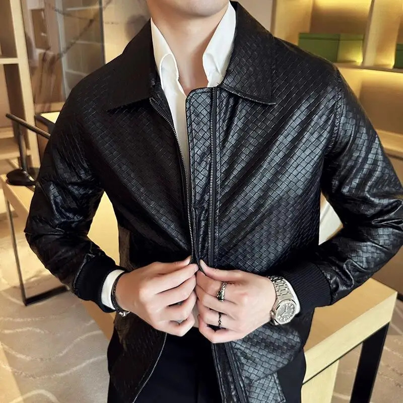 2023 Autumn Winter Men High Quality Woven Leather Jacket Fashion Lapel Business Casual Motorcycle Social Overcoat 251030
