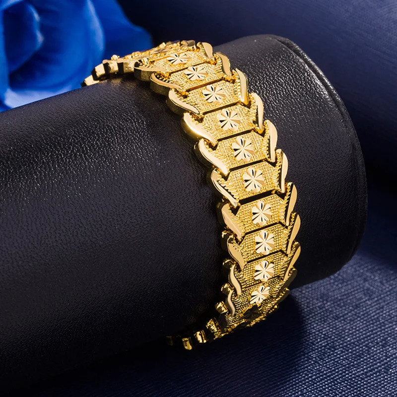 Dubai Gold Plated Bracelet For Men Flower Pattern Chunky Cuban Link Chain Bracelets Gifts For Father 251031