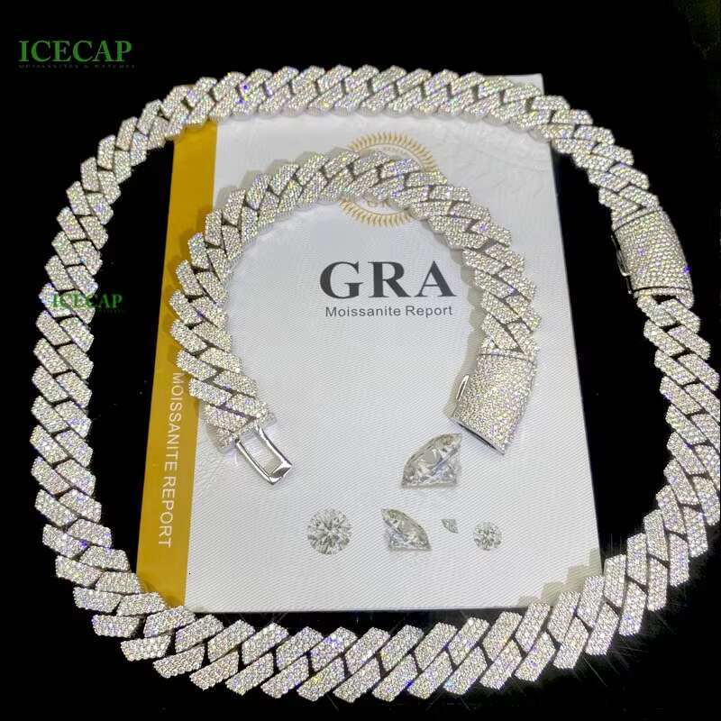 15mm 3Rows VVS Moissanite Miami Cuban Chain Pass Diamond Test 925 Sterling Silver Bracelet White Gold Cuban Link Chain Necklaces