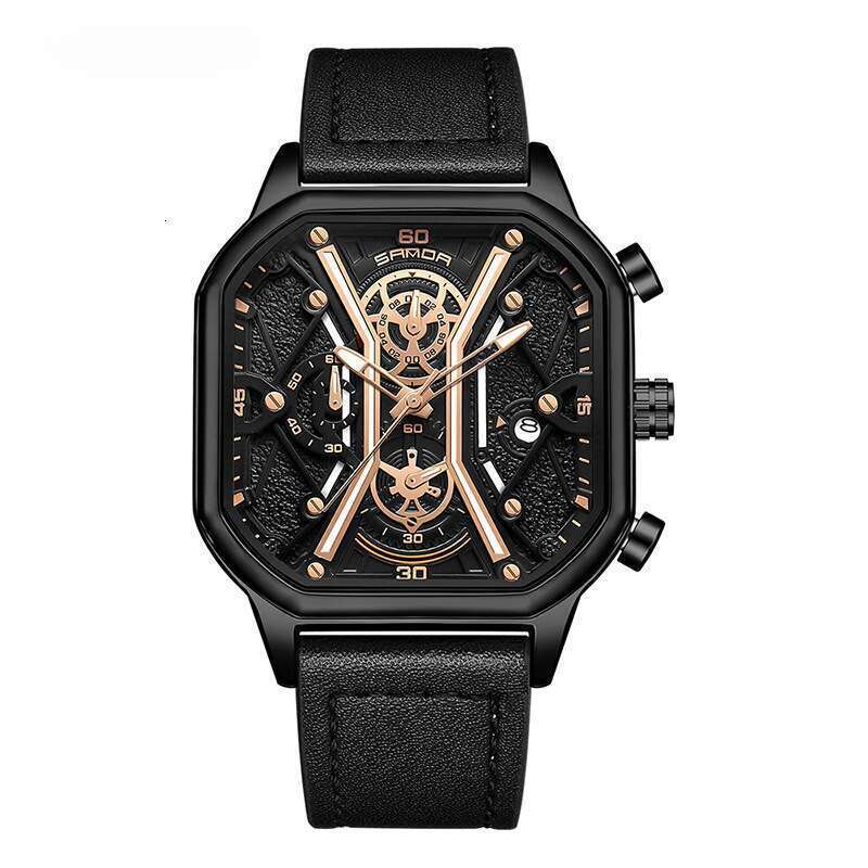 DHwatches Sanda Waterproof Calendar Luminous Three Eyes Six Hands Solid Steel Band Fashion Square Quartz Watch for Men