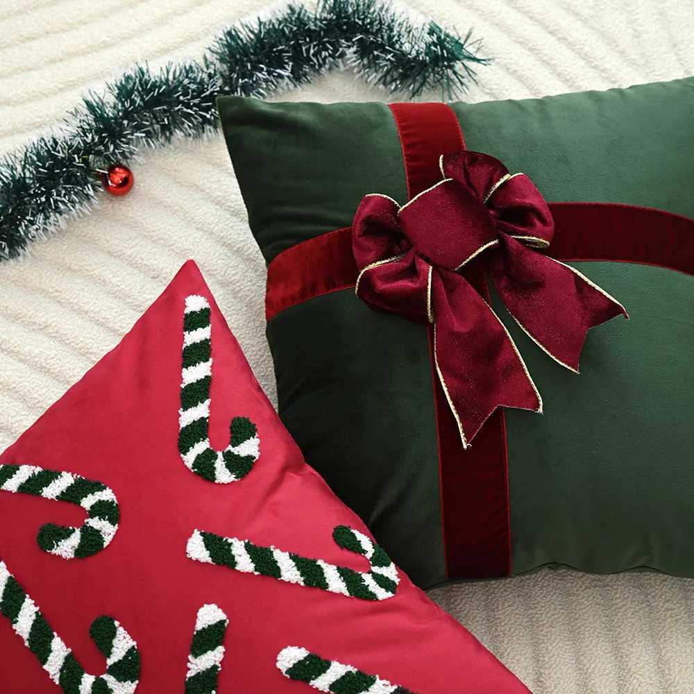 2025 Christmas Cushion Cover 4545 Bow Patchwork Pillow Covers Decorative Velvet Cotton Festive Home Decor Pillowcases for Sofa Y251105