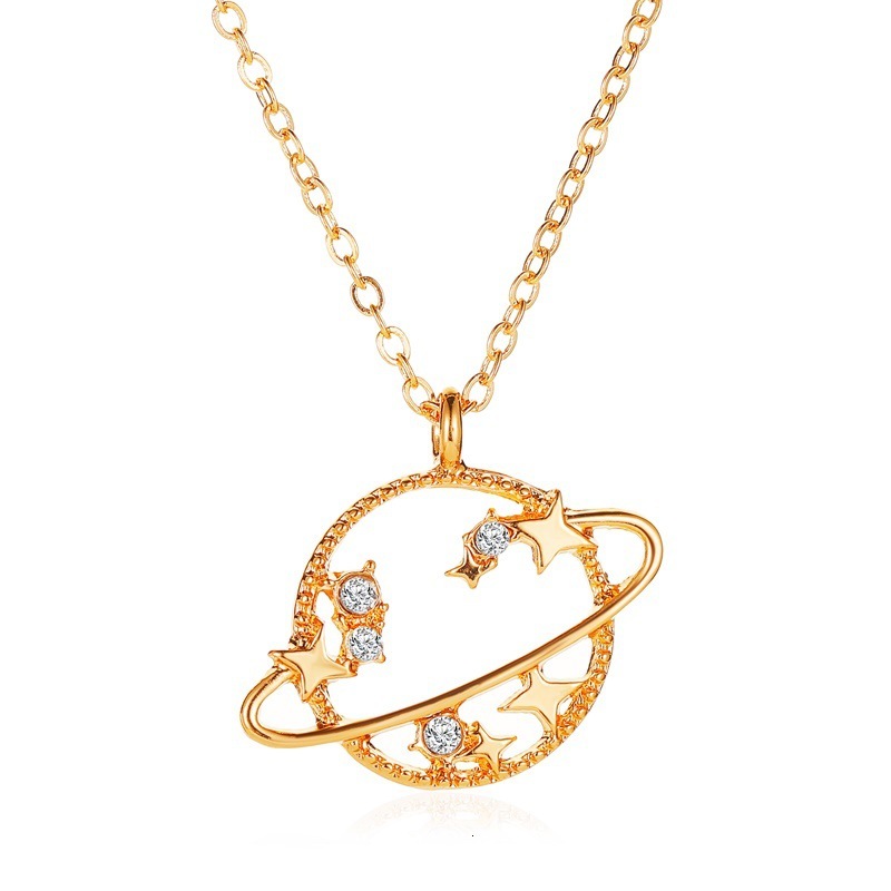 Korean Version New Fashion Hollow Planet Necklace Same Style Collarbone Simple Zircon Small Universe Set Chain