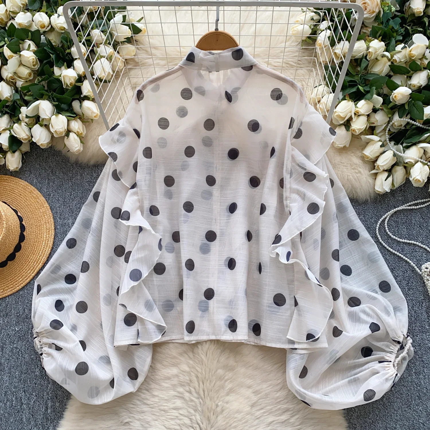 Womens bow lace retro lantern long sleeved ultra-thin fashion polka dot mesh chiffon shirt sweetheart spring outfit 250402