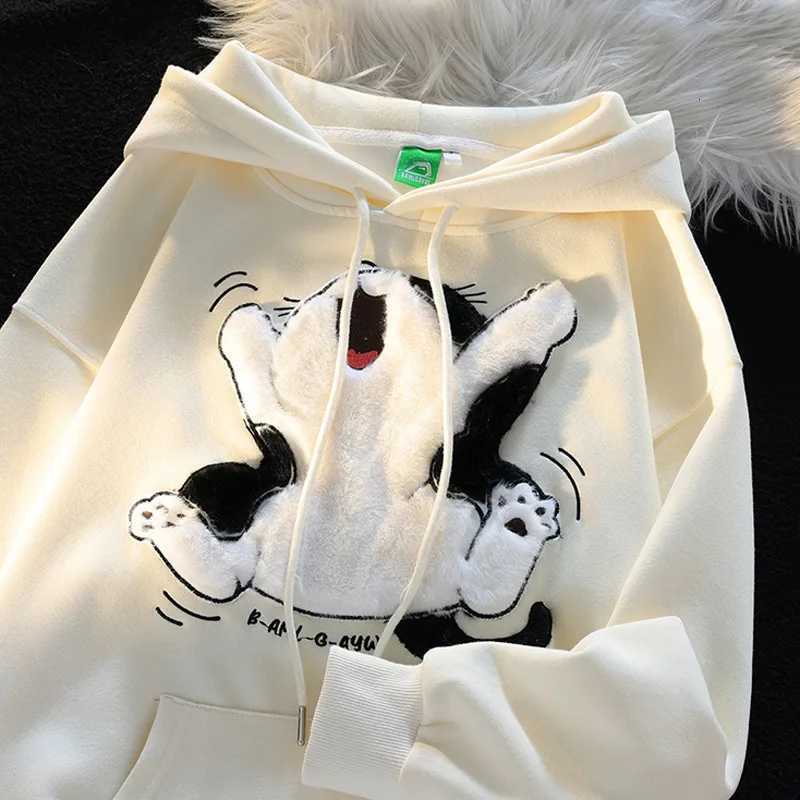 Japanese Kawaii Flock Embroidery Cartoon Cat Patchwork Hoodies Thicken Kangaroo Pocket Baggy Street Sweatshirt All-Matching TopT251105