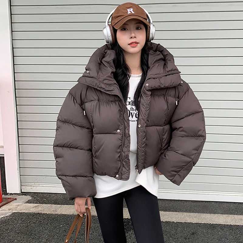 Women Winter Warm Puffy Coats Long Sleeve Casual Cropped Parkas Jacket Solid Hooded American Street Thick Outwear J251105