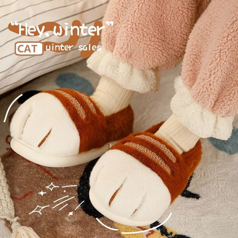 Cuddly cat paw slippers womens winter fluffy indoor home shoes woman warm animal claw slippers unisex furry slides shoes loafer 250402