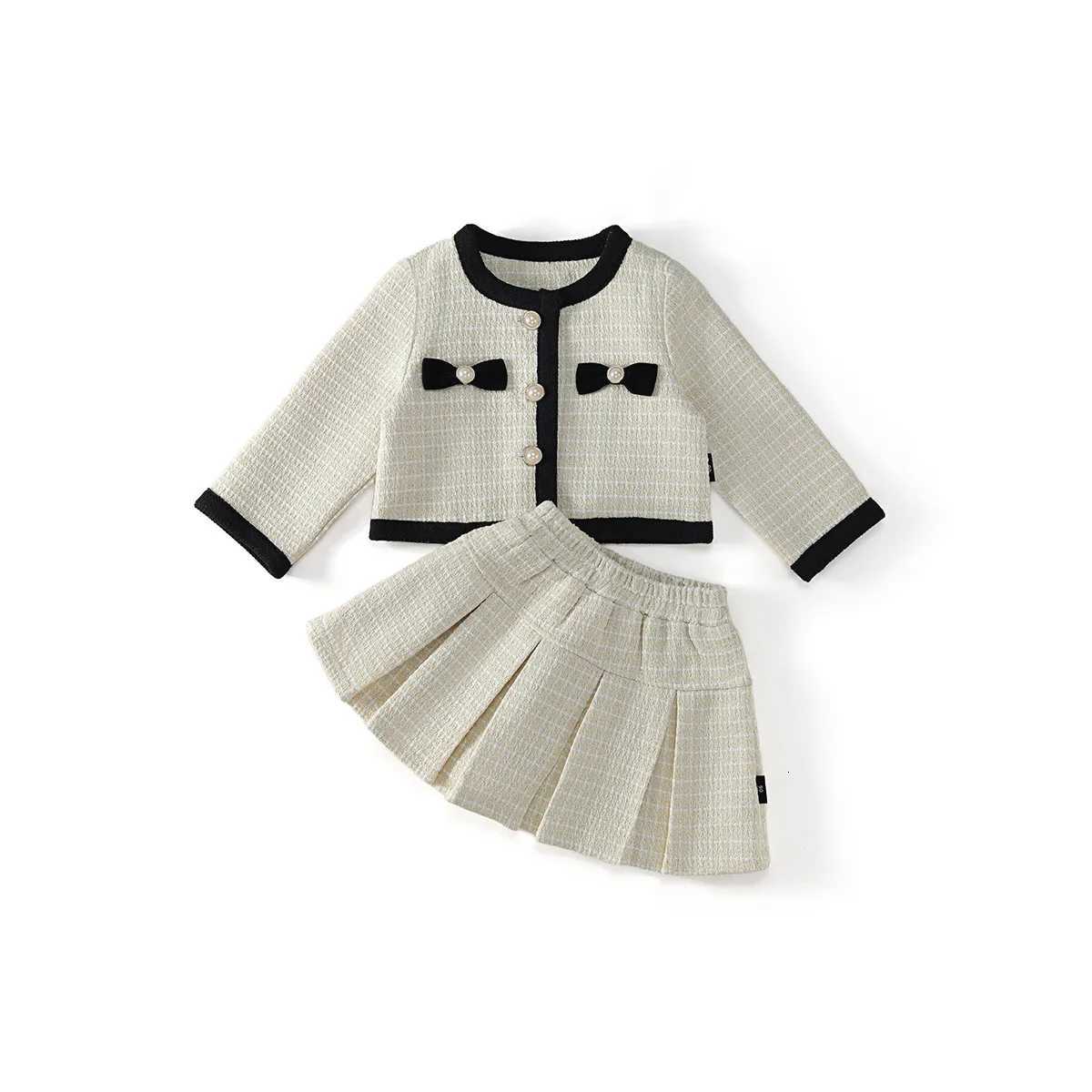 Childrens Sets Toddler Girls Autumn Tweed Jacket Pleated Skirt Set Korean Style Two-Piece Outfit Luxury Celebrity Wind Y251105