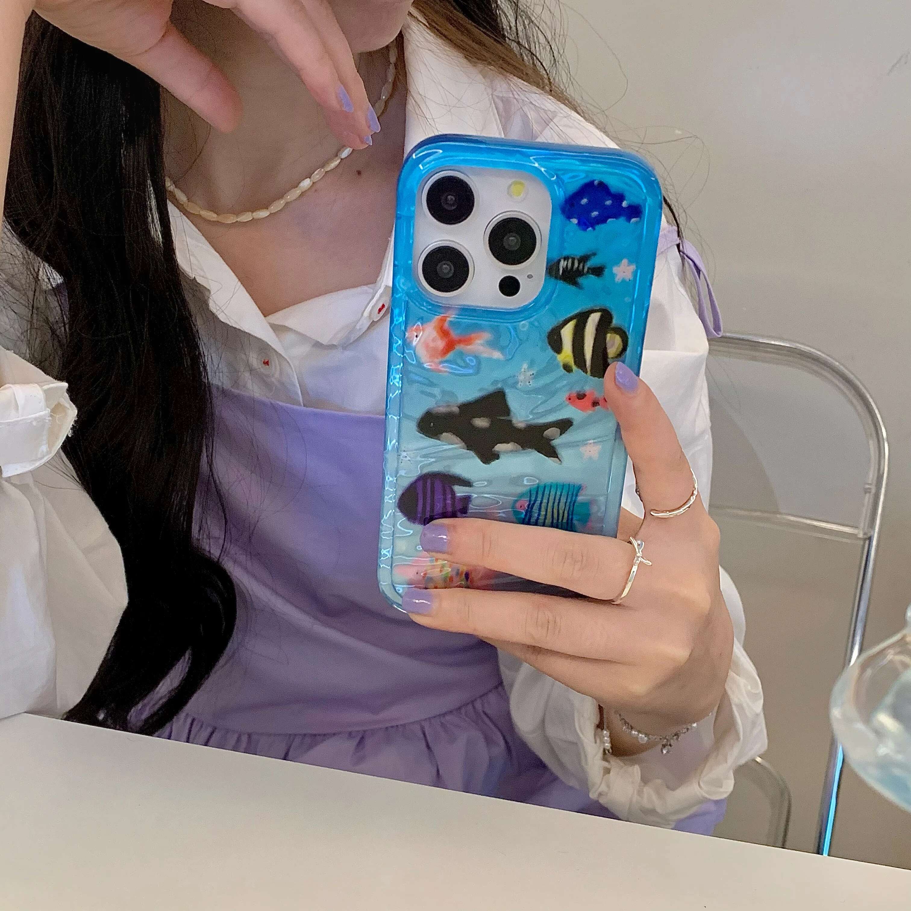 Korean Ins Ripple Texture Aquaria Lovely Fishes Case iPhone 16 15 14 13 11 Plus Back Phone Cover for 12 Pro Max