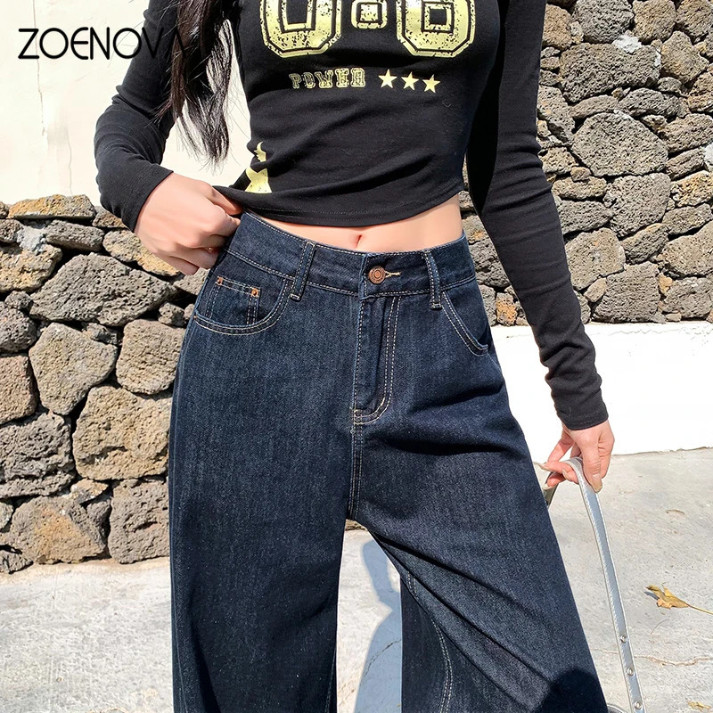 Zoenova retro jeans womens high waisted ultrathin wide leg pants classic blue pocket street Y2K fashion fully matched denim shorts 250403