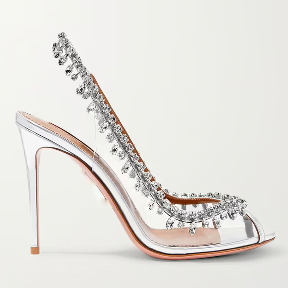 Sandals Bling Crystal Embellished Fish Toe Double Platform Rhinestone Clear PVC High Heels Back Strap T- Stage Women's Shoes