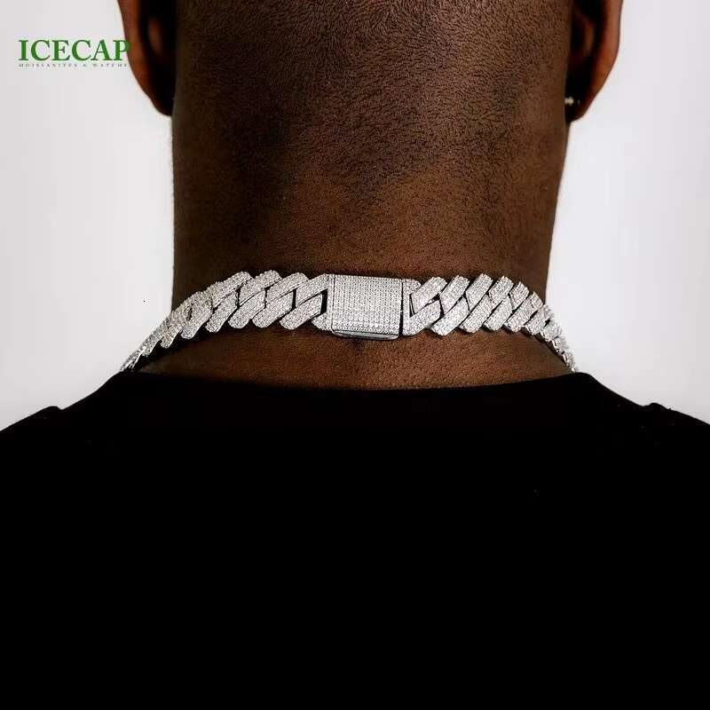 Hot Moissanite Chain Iced 15mm 12mm Pave Setting VVS Moissanite Cuban Link Chain Men Women Hiphop Necklace