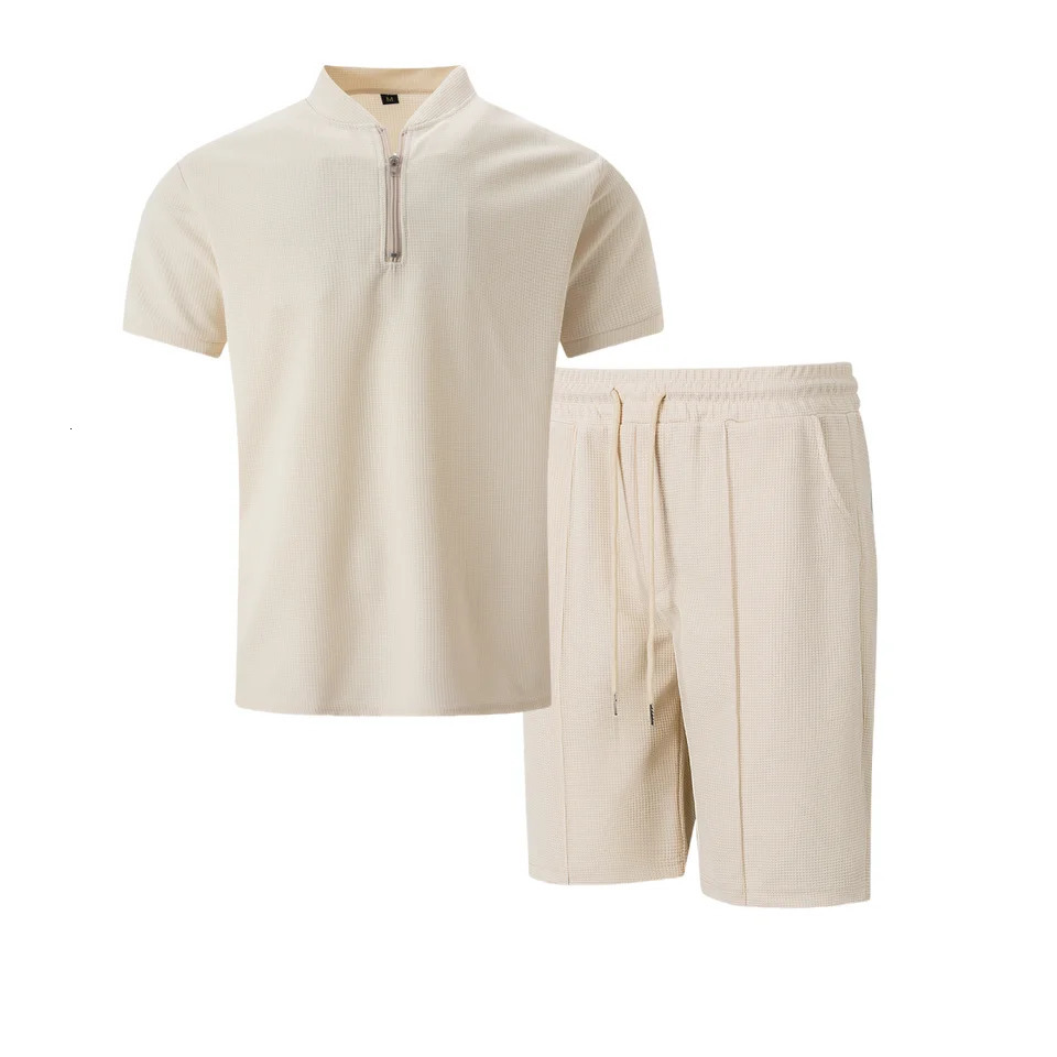 Mens summer waffle collar small zipper solid color short sleeved shorts mens outdoor casual set 250402