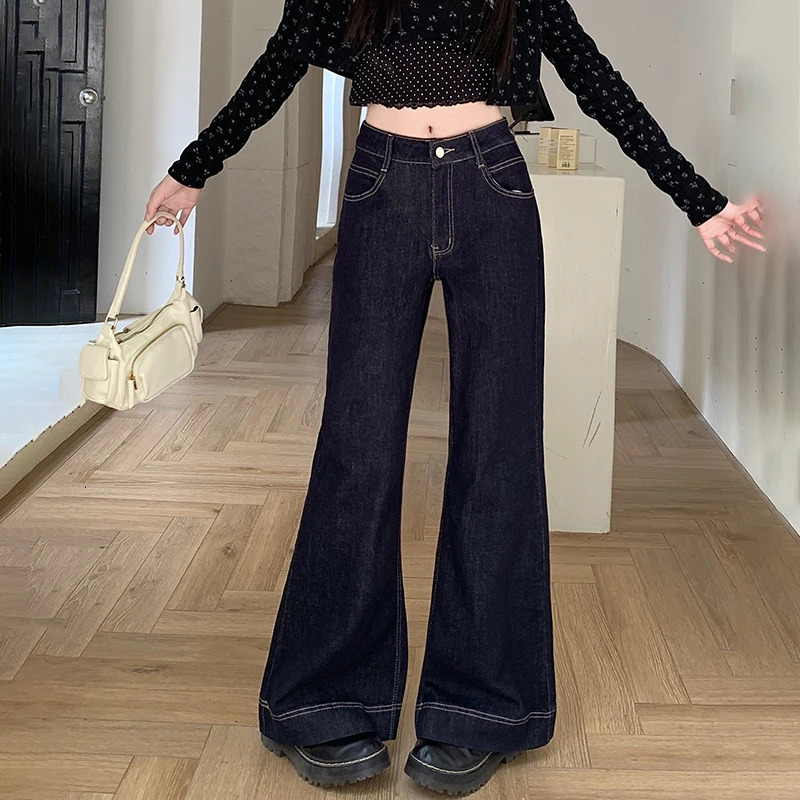 Womens Retro Casual Loose Straight Denim Trousers High Waist Wide Leg Fashion Shining Jeans 250403