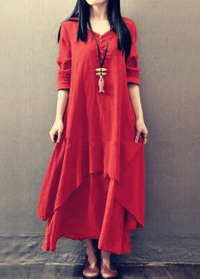 Spring And Autumn New Fake Two-Piece Artistic Flared Loose Long Sleeve Cotton Linen Dress B5