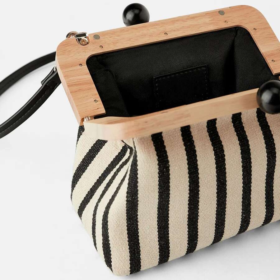 Retro Striped Wooden Clip Shell For Women Messenger Bag Canvas Bead Shoulder Crossbody Bags Ladies Clutch Purse Bolsa Mujer