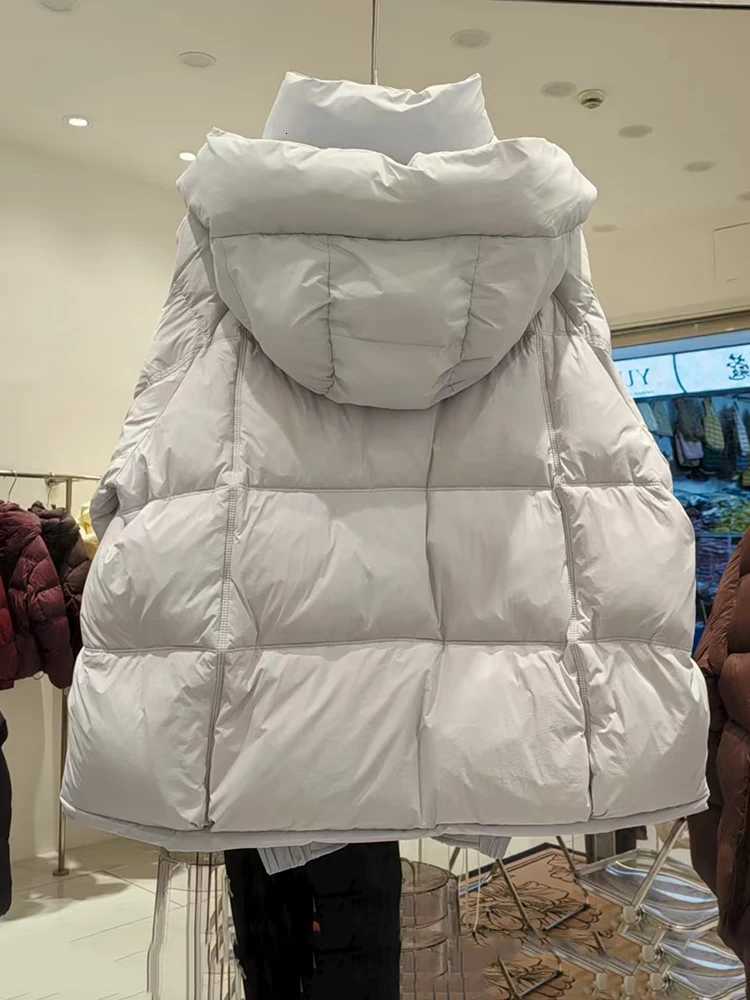 Winter Hooded Loose Short Parker Down Jacket Female Zipper Pocket Fluffy Thicken Outwears Women White Duck Down Puff Warm JacketT251105
