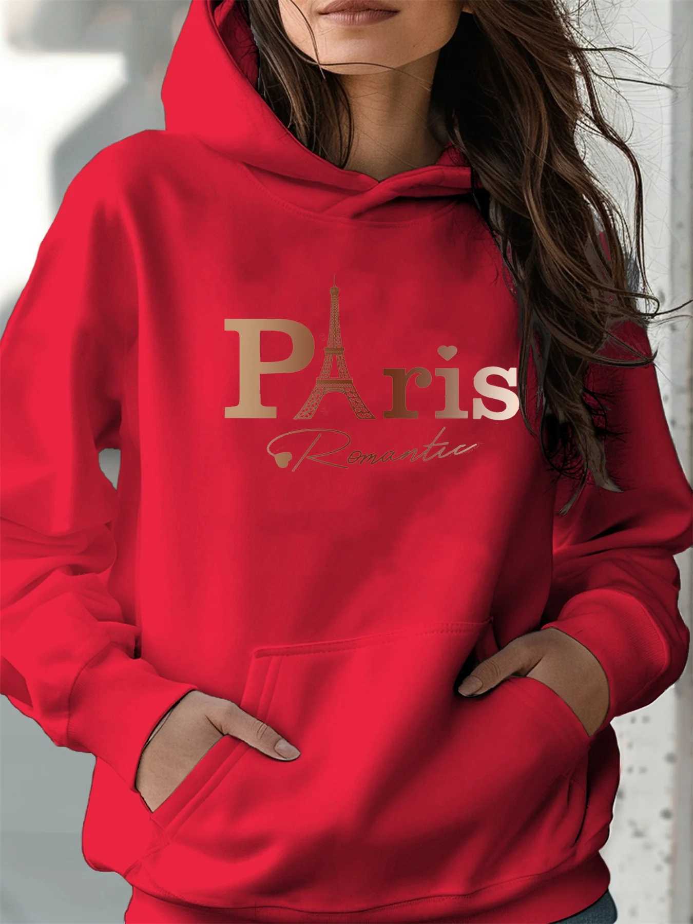 Womens autumn and winter warm and loose casual Paris pattern printed suede long sleeved hooded sweatshirtT251105