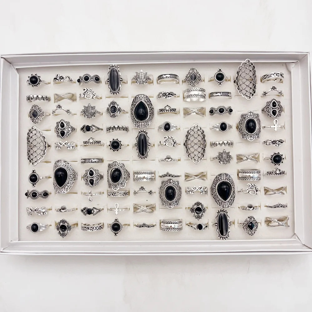 102030Pieces Vintage Bohemia Black Stone Rings Set For Women Men Mix Style Heart Love Flower n Finger Jewelry Party Gifts 251031