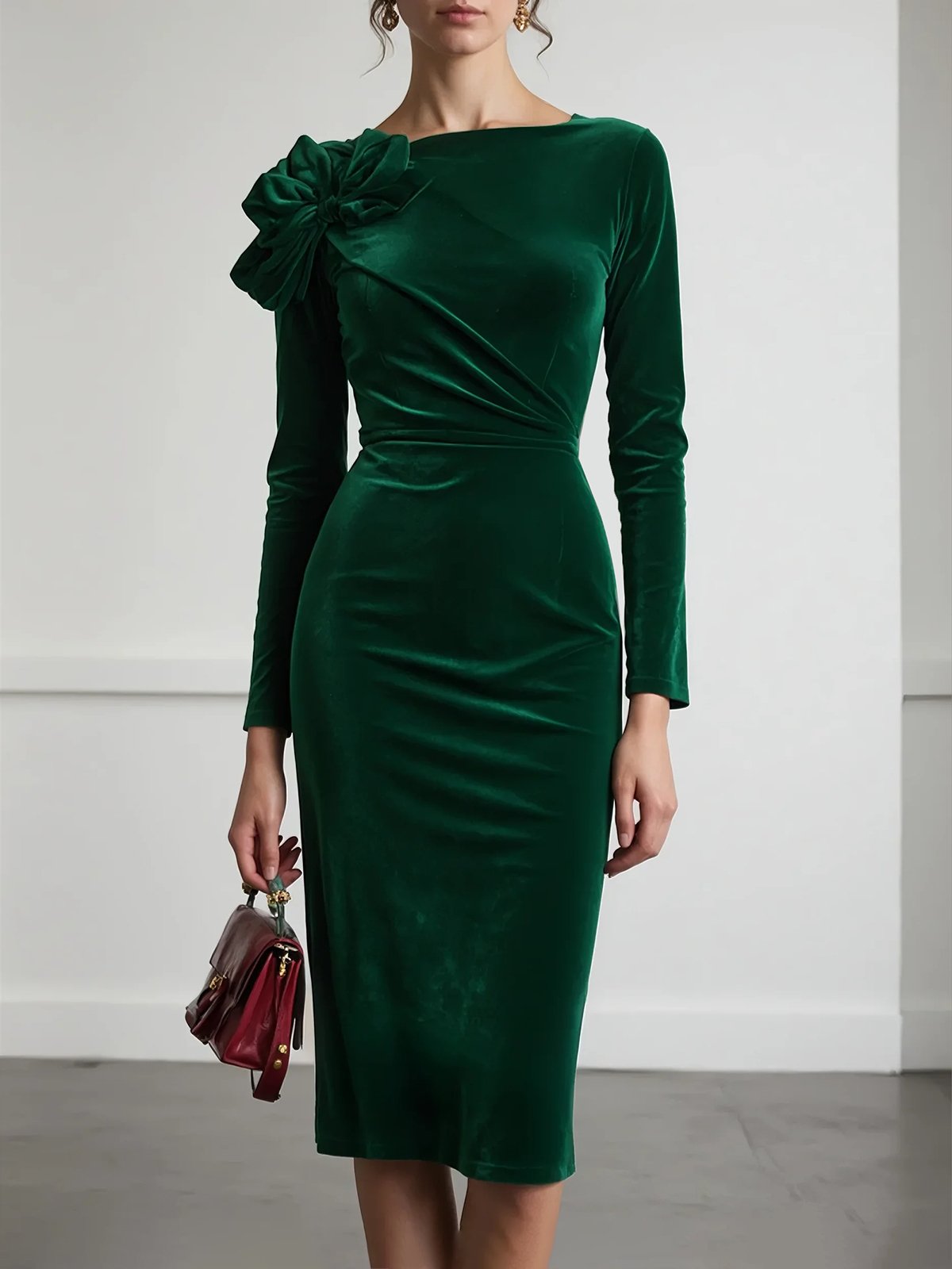 Women's Green Velvet Midi Dress with Bow Detail, Long Sleeve Bodycon Dress for Cocktail & Formal Events 23578