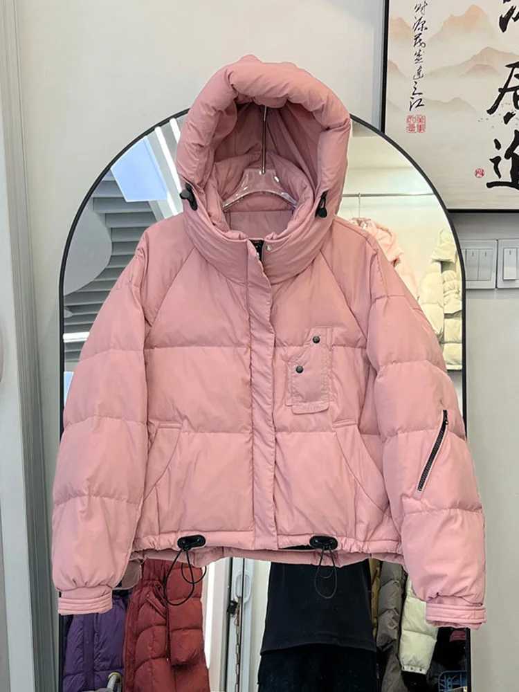 Winter Short Puff Hooded Solid Down Jacket Female Zipper Drawstring Quilted Jackets Women White Duck Down Pocket Parker OutwearsT251105