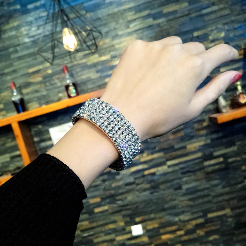 TREAZY 110 Rows Rhinestones Bridal Wedding Bangles GoldSilver Color Crystal Stretch Bracelet Women Wristband Elastic Jewelry 251031