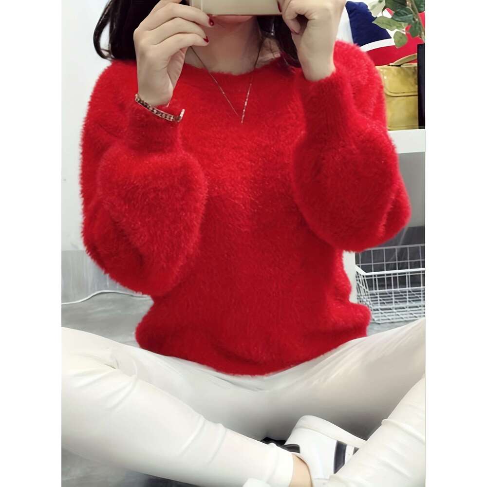 Lavender Sweater Faux Fur Women's Sweater | Loose Fit Thick Long Sleeve Round Neck Top, All-Season Elegant Casual & Formal Comfortable Winter Wea