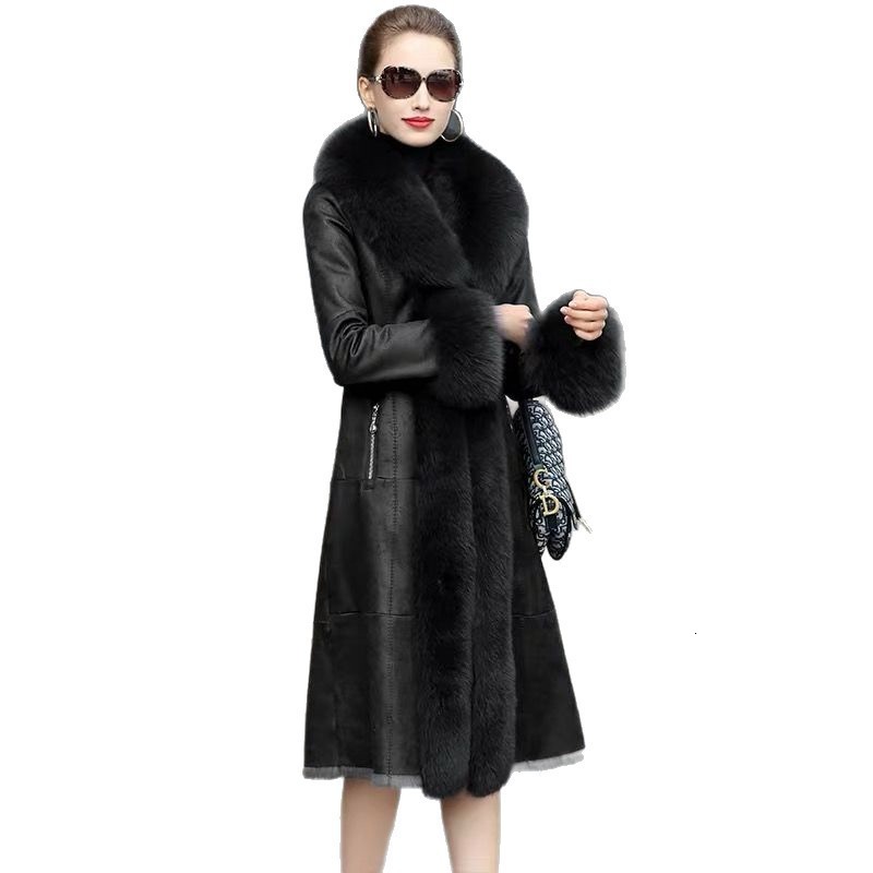 2025 Winter New Fox Fur Collar Genuine Leather Slim Fit Long Shearling Coat for Women 241120
