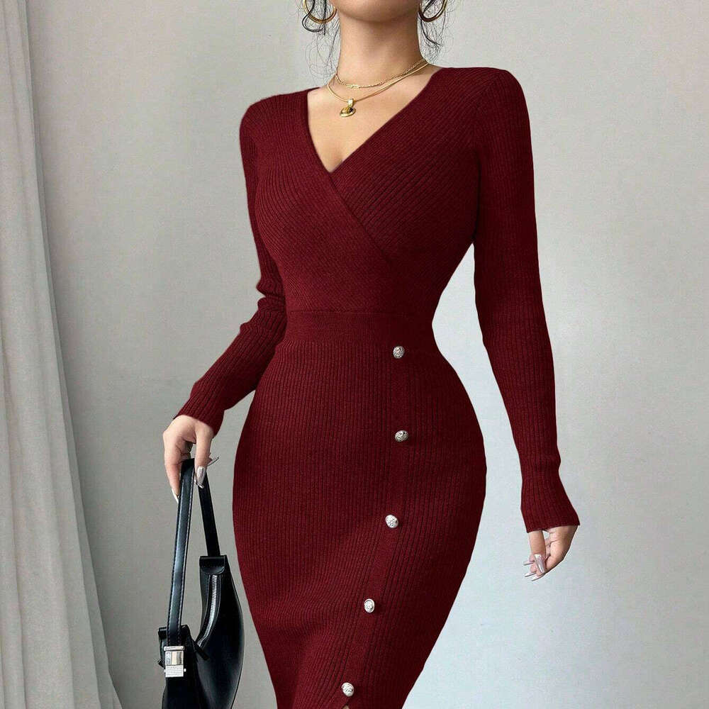 2025 French Style Autumn Winter Waist-Cinching Mid-Length Bodycon Inner Layer Tight Knitted Dress