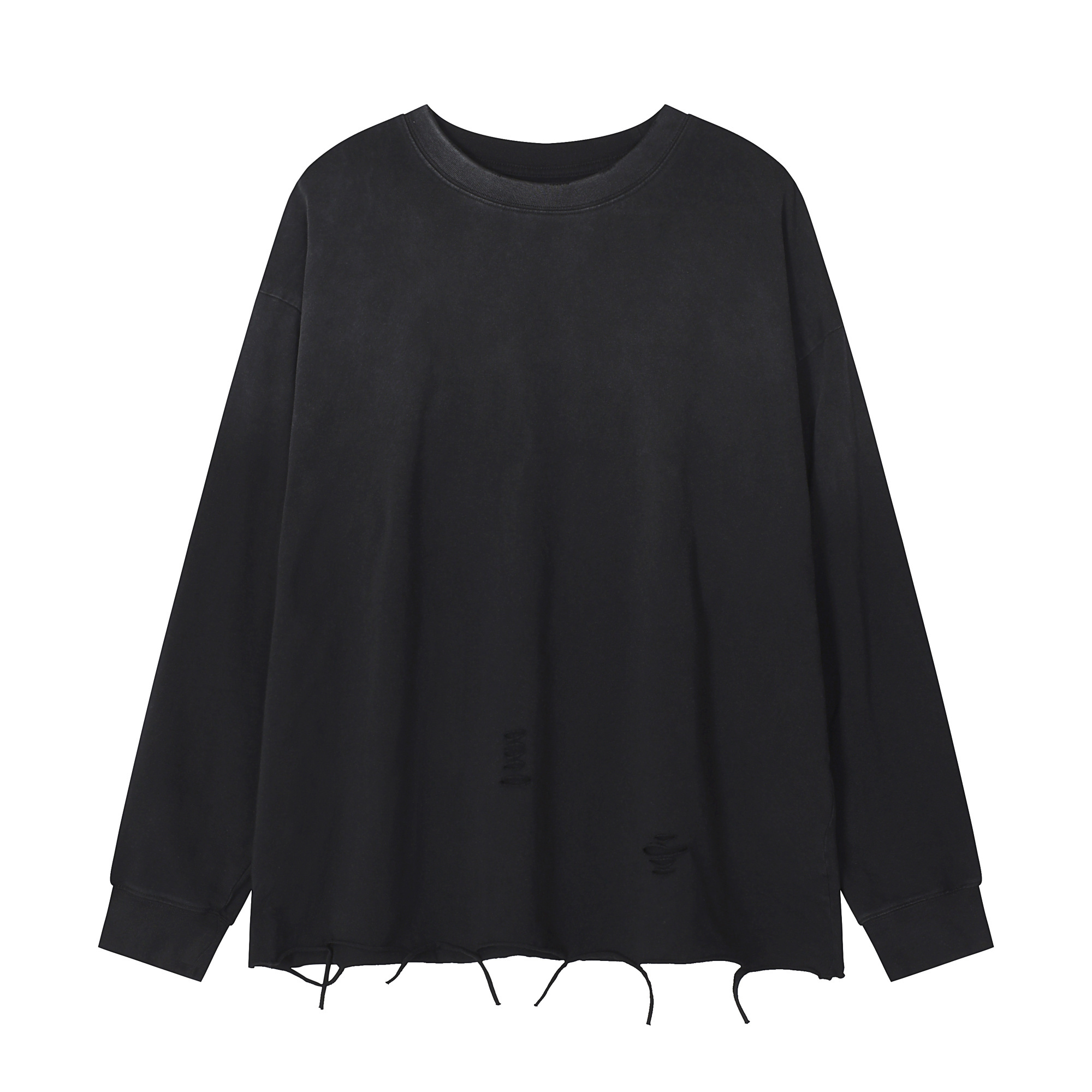 BLNCG Unisex Solid Color Long Sleeve T-Shirt, Distressed Design, Loose Retro Street Style, Oversize Fit, 100% Cotton Vintage Casual Top-KFGP-303