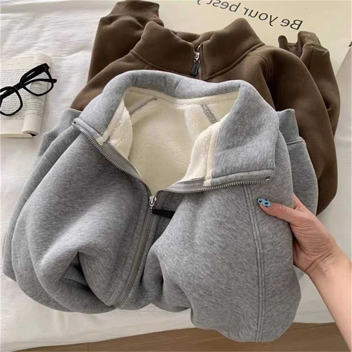 Women Autumn Winter Sweatshirt Coat Zip Up Solid Long Sleeve Stand Neck Jacket Lady Fashion Casual Street Vintage Coats OutwearT251105