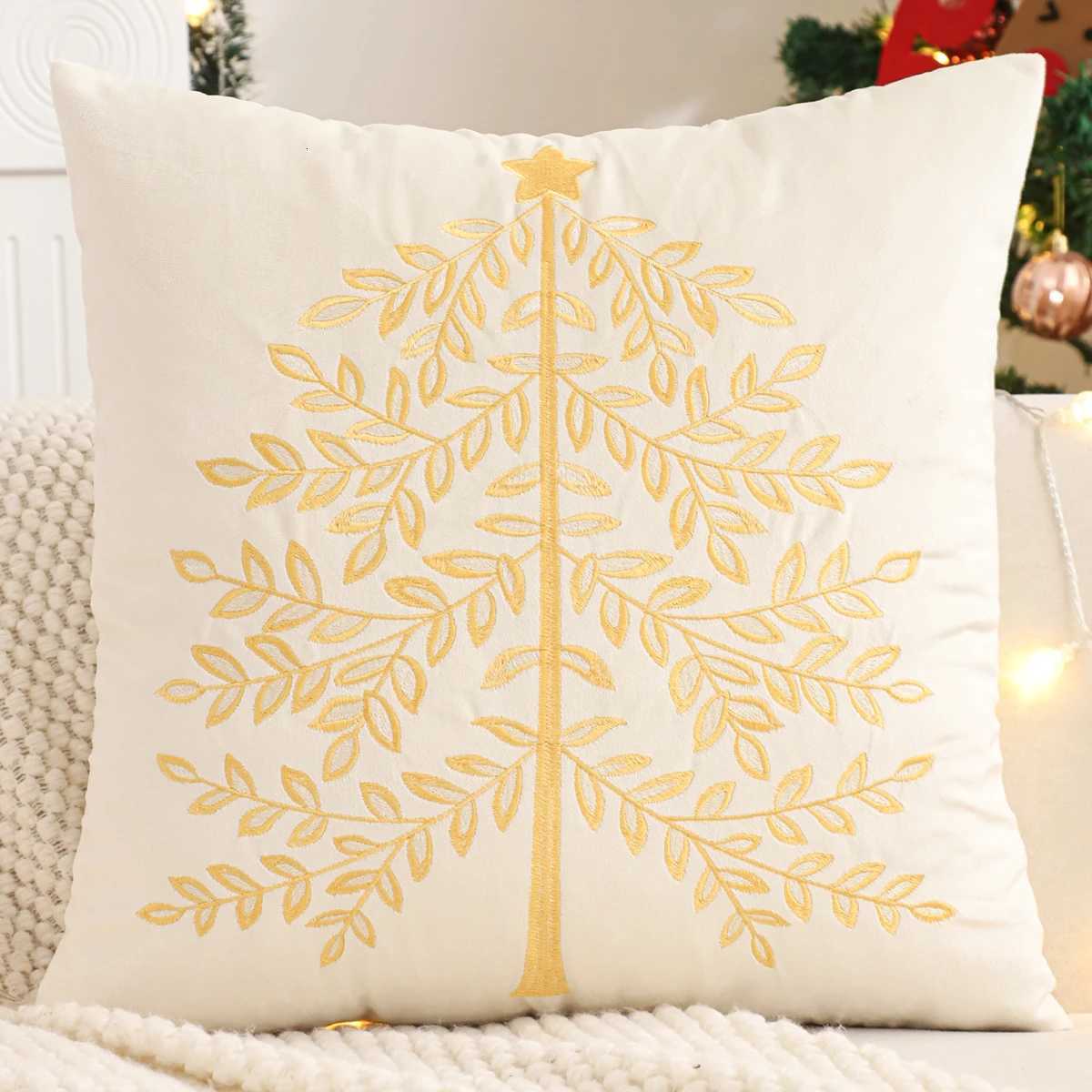 Embroidery Throw Pillow Cover Christmas Decoration Velvet Soft Christmas Tree Gold Winter Farmhouse Home Sofa Living Room Y251105