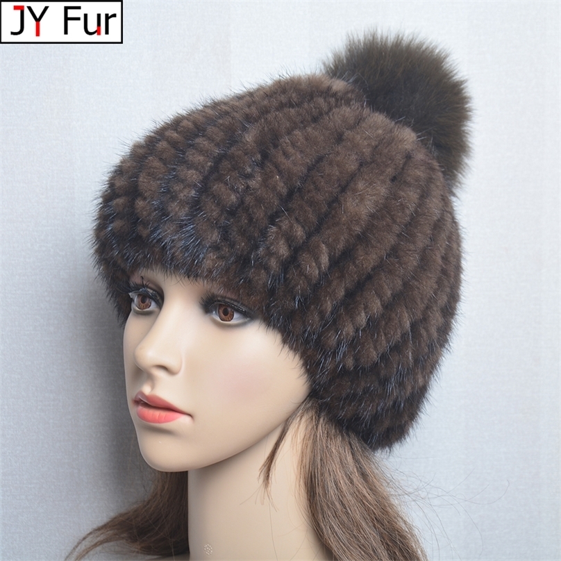 Winter Women Natural Mink Fur Hat Hand Knitted Warm 100 Genuine Mink Fur Cap Russia Lady Real Mink Fur And Fox Fur Pompoms Hats 251028ww
