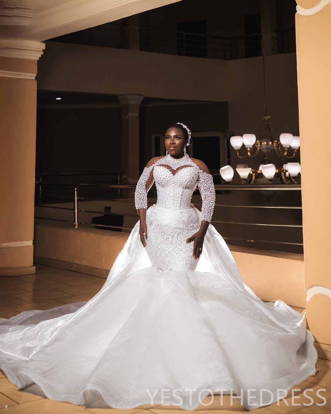 2026 Luxurious Mermaid Wedding Dress For Bride Bridal Gowns Pearls High Neck Detachable Train Appliqued Beaded Lace Crystals Wedding Gowns for Black W