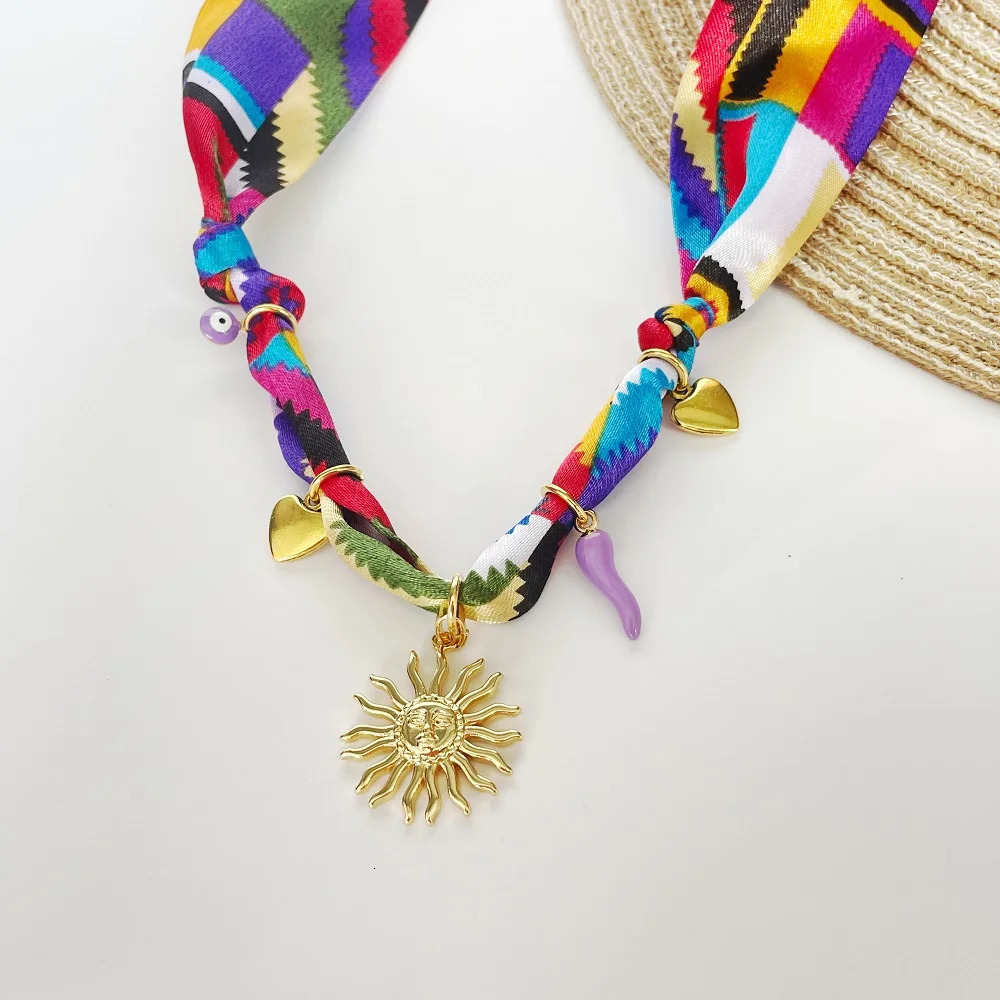 Handmade Fabric Bandana Necklace Adjustable Necklace with Golden Sun Heart Charms 251031