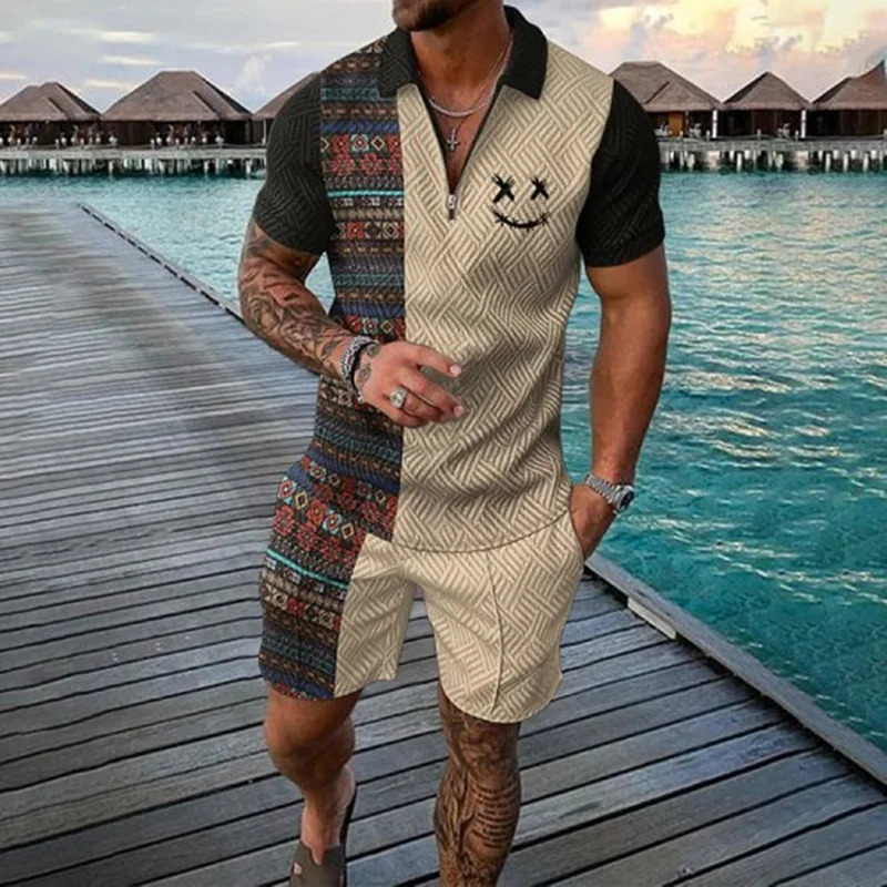 Fashion summer mens short sleeved polo shirt set coconut tree 3D printed clothing 2-piece casual set street clothing set 250402