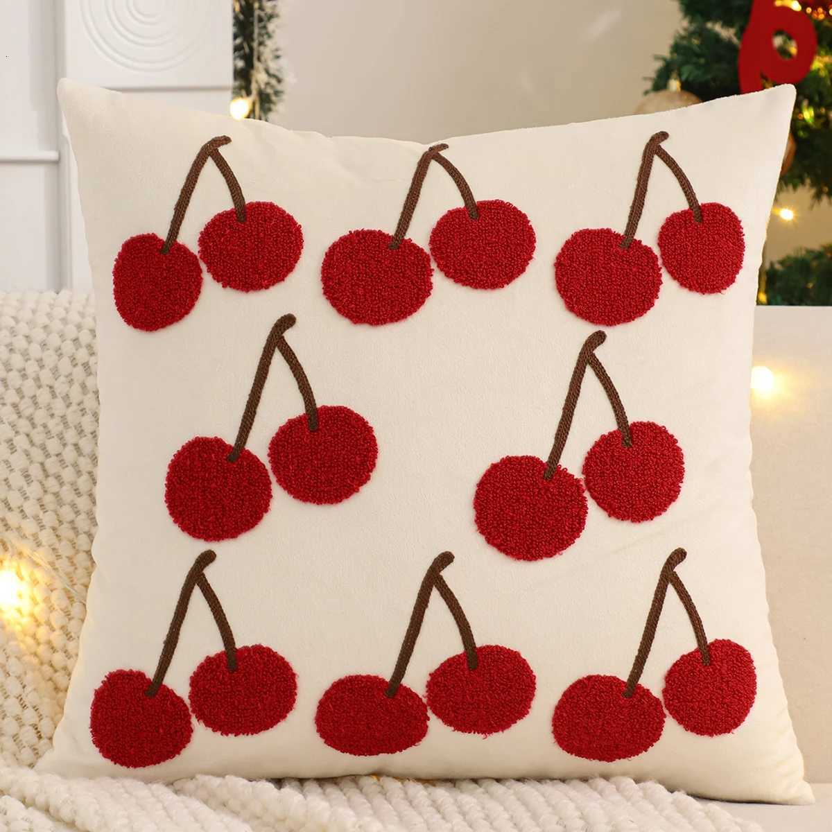 Embroidery Throw Pillow Cover Christmas Decoration Velvet Soft Christmas Tree Hat Cherry Winter Farmhouse Home Sofa Living Room Y251105
