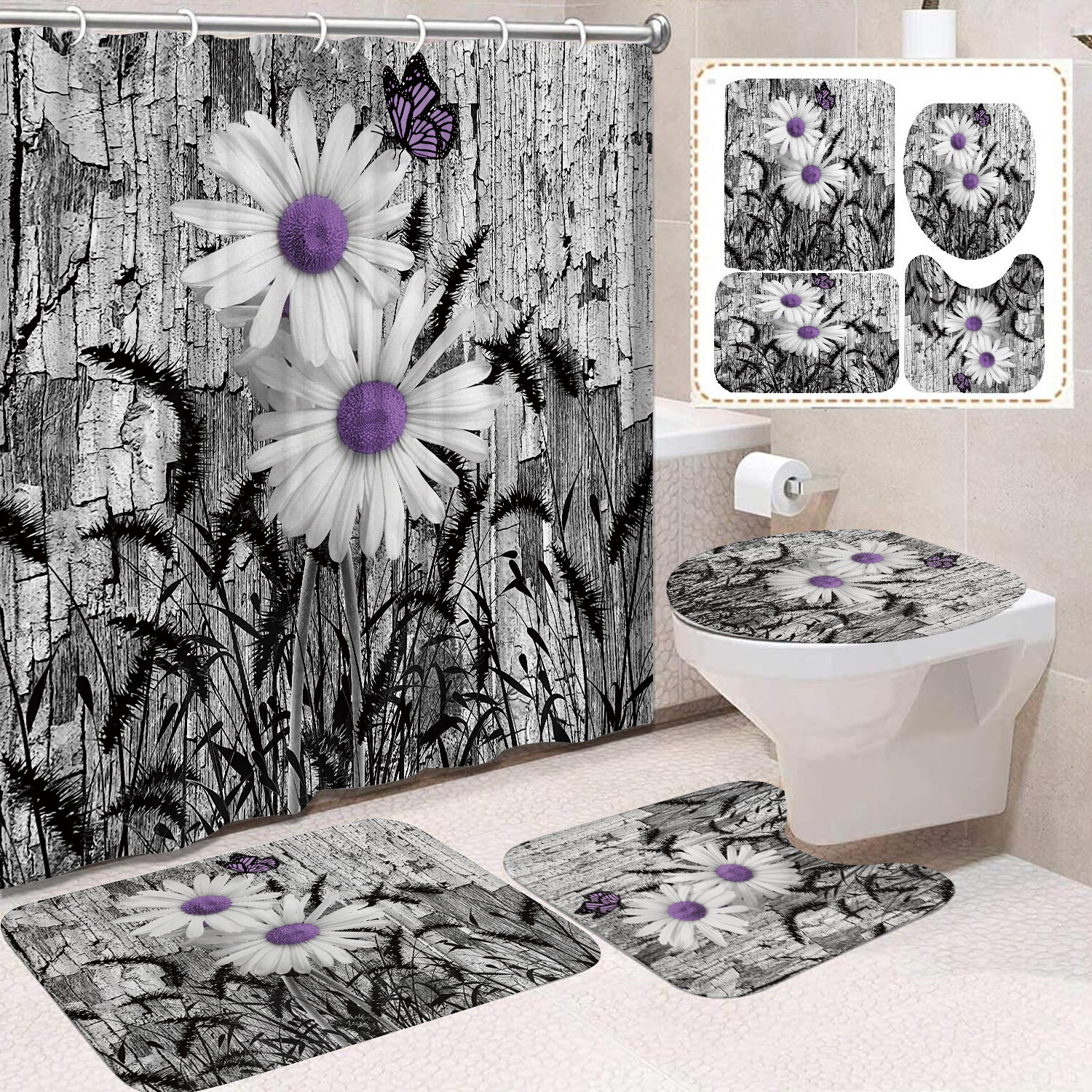 YL-37635 Customized 3D Watercolor Butterfly and Daisy Shower Curtain/Toilet Partition Curtain/No-Drill Curtain/Shower Curtain