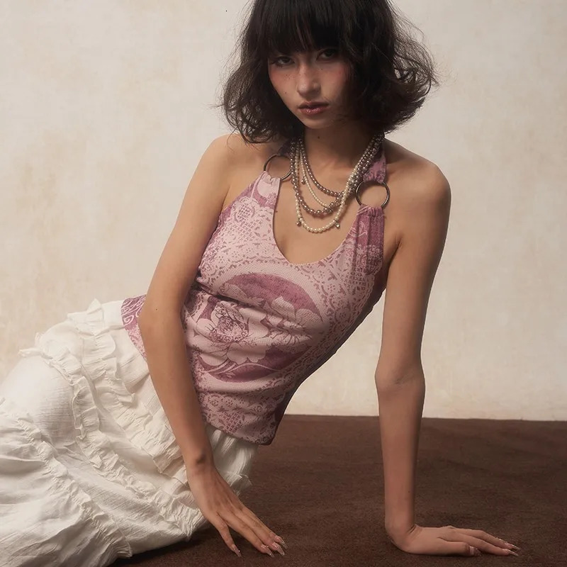 Karrcat Japanese Y2k Halter Tops Grunge Aesthetics Purple Tank Top Retro Harajuku Flower Print No Back 2000s Retro 250402