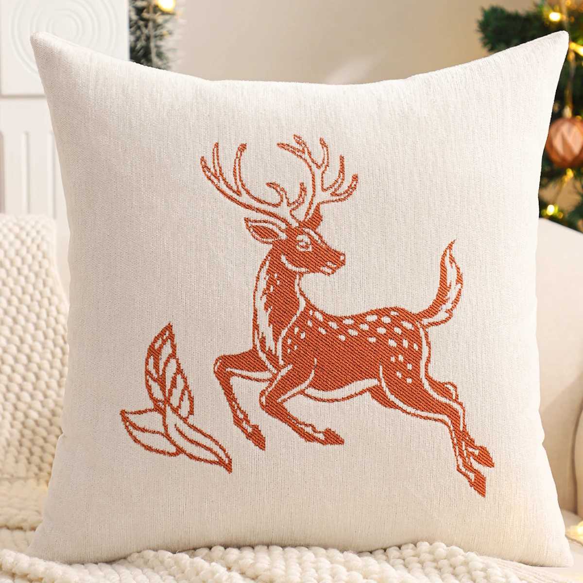 Embroidery Throw Pillow Cover Christmas Decoration Chenille Jacquard Reindeer Winter Farmhouse Home Sofa Living Room Y251105