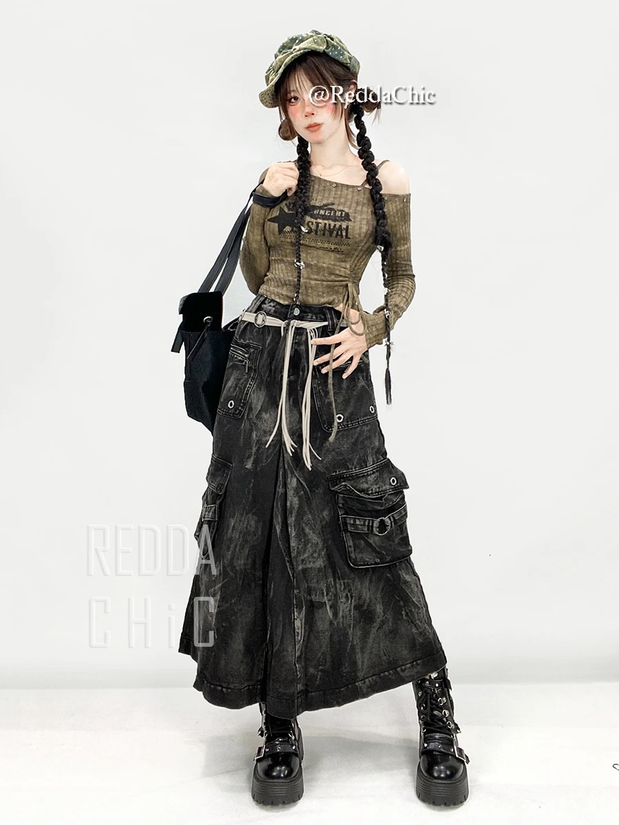 REDDACHIC ICON Womens eyeliner heavy denim goods tight tie dye multi pocket pleats Aline long jeans vintage Grunge street clothes 250324