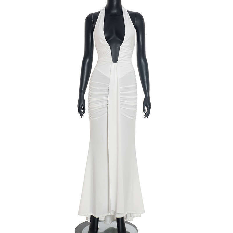 C25DS035 Foreign Trade Cross-Border Fashion Elegant Halter V-Neck Backless Tie Ruched Long Women's Dress