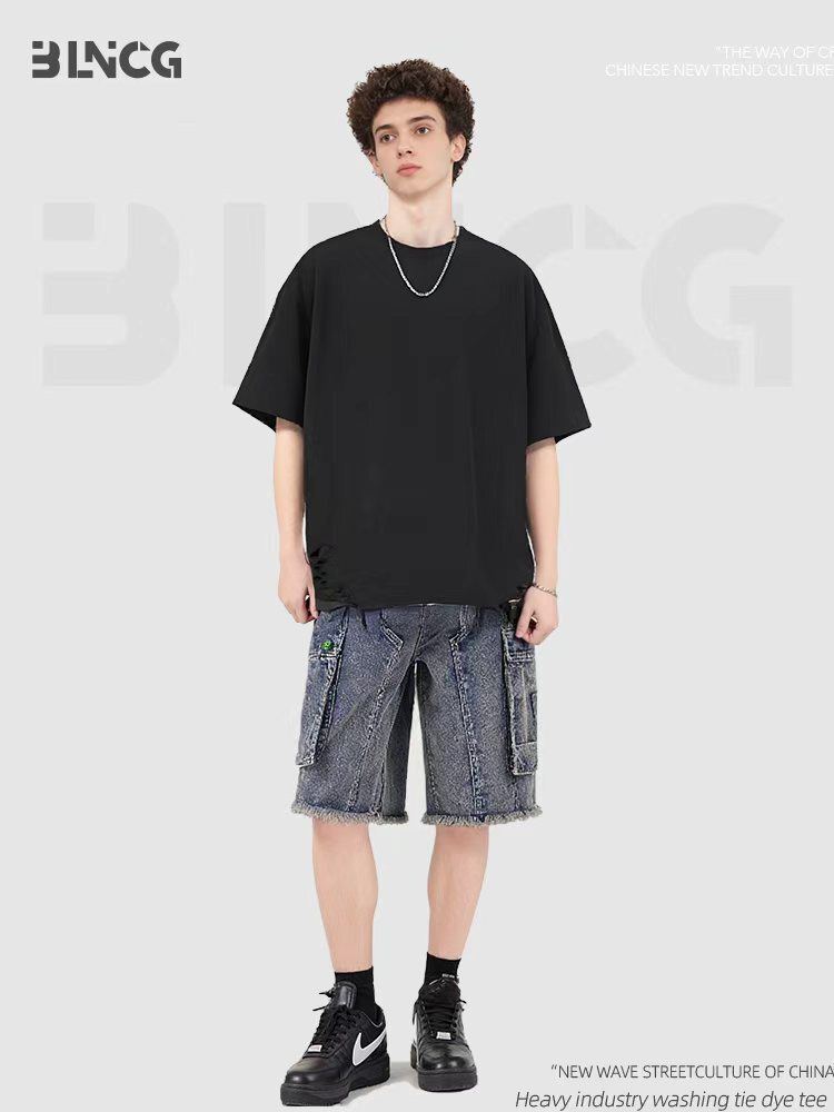 BLNCG Unisex Solid Color T-Shirt, Distressed Design, Loose Retro Street Style, Oversize Fit, 100% Cotton Vintage Casual Tee, Ideal for Streetwear Fans