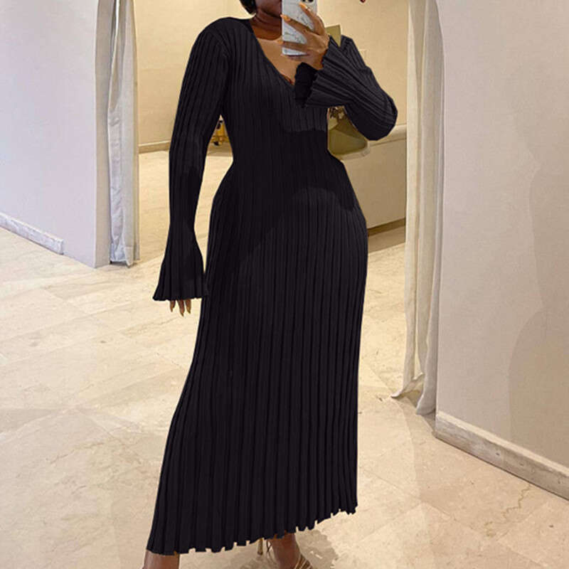 2025 Cross-Border Autumn Winter New Casual Waist-Cinching V-Neck Large Ribbed Slimming Knitted Long Dress for Women