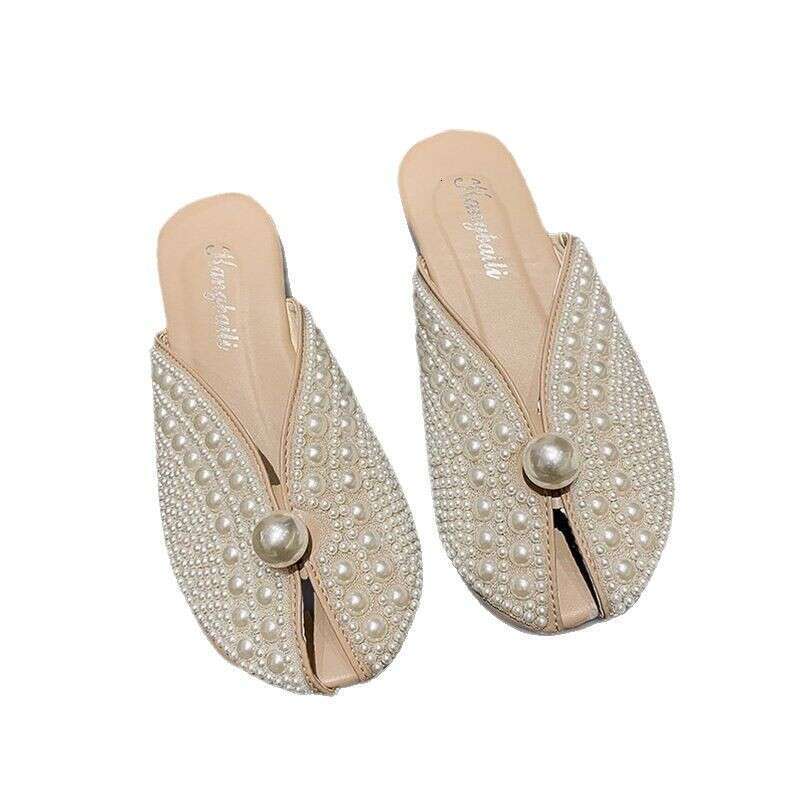 Baotou Half for Women in Summer 2024 New Korean Edition Pearl Fairy Style Flat Soft Bottom Lazy Cool Slippers