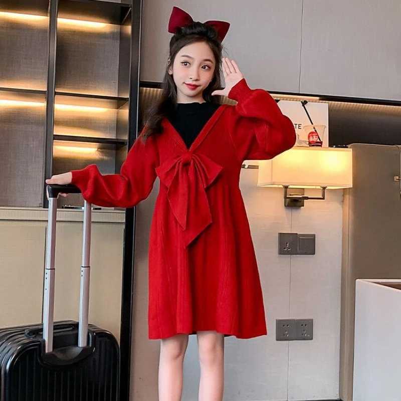 2025 New Years Red Princess Knit Dress for Toddler Girls Stylish Autumn/Winter Elegant Woolen Outfit C251105