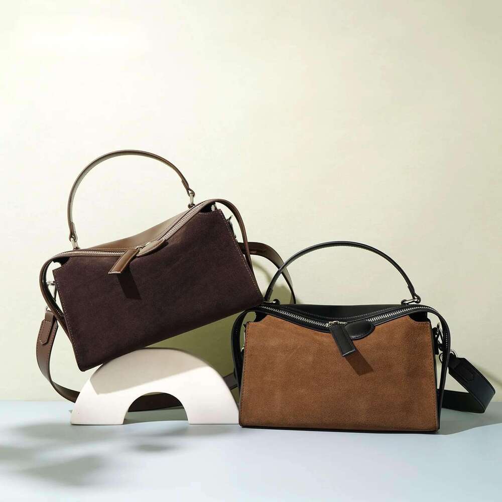 New 2025 Autumn Winter All-Match Pillow Tote Hit Color Suede + Cow Leather Women Shoulder Messenger Bag Daily-Use Handbag Coffee
