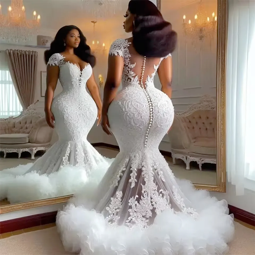 Sexy Button Back Tulle Ruched Train Aso Ebi Wedding Dresses Luxury 2025 Lace African Bridal Gowns vestidos novias boda Customized