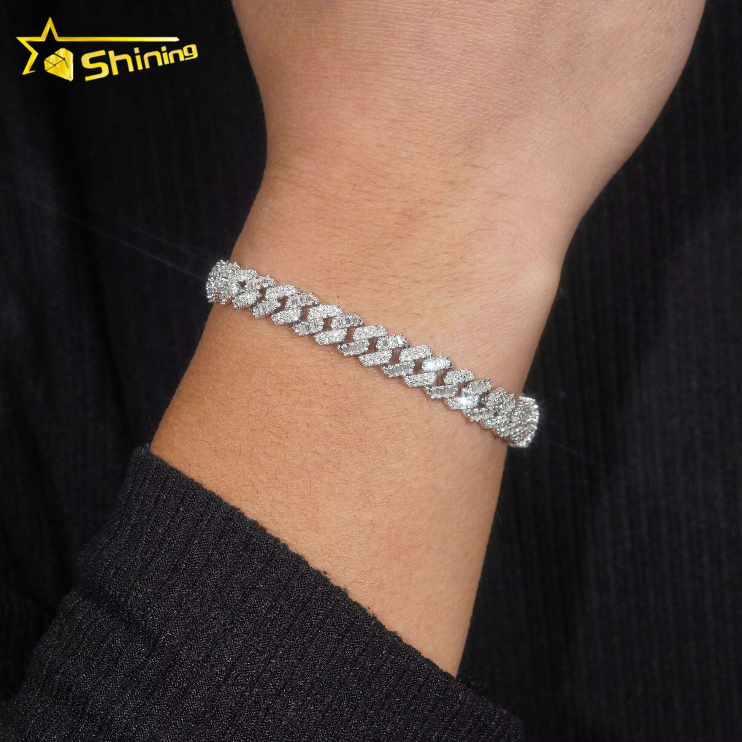 Hip Hop Jewelry 8mm Baguette 925 Silver Iced Out Necklace VVS Diamond Moissanite Cuban Bracelet