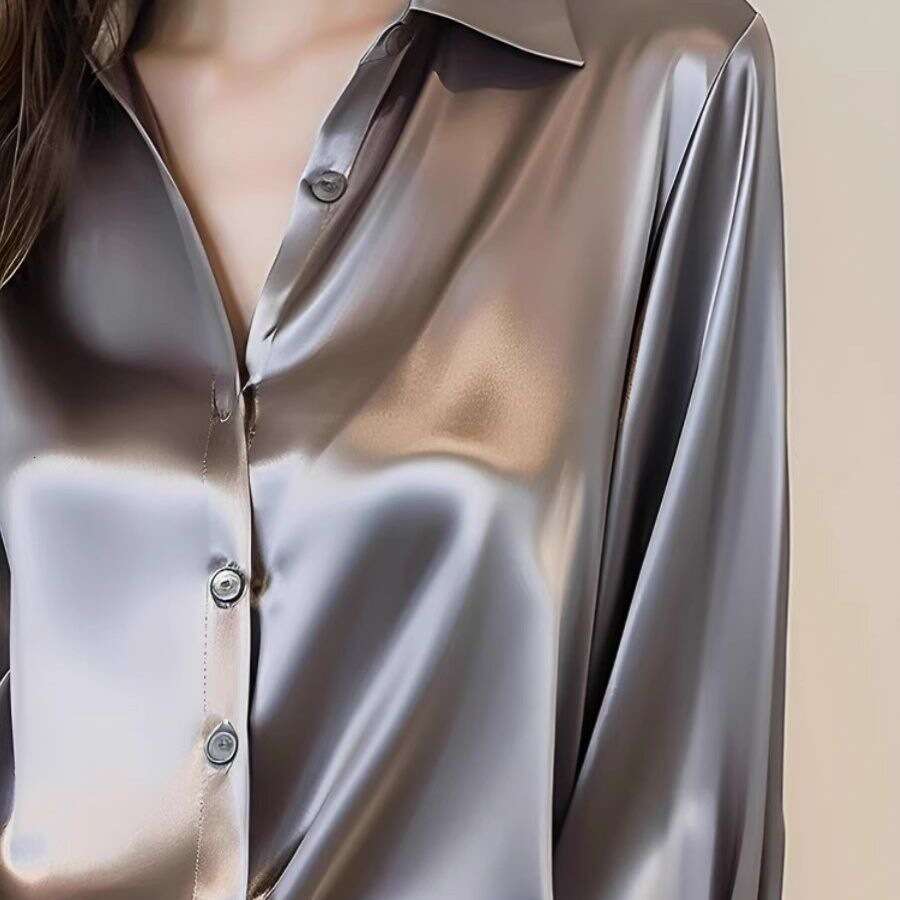 Spring And Autumn New Style Gray Acetate Satin Shirt For Women Long Sleeve Unique French Silk Professional Blouse B5